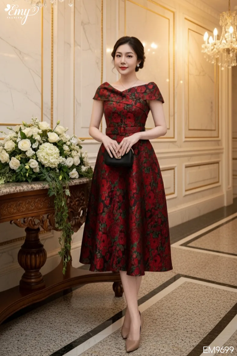 EM9699 Đầm Xoè Tafta Hoa Hồng Đỏ EM9699 Đầm Xoè Tafta Hoa Hồng Đỏ