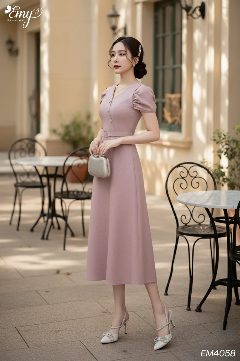 EM4058 Đầm Xoè Hồng Tay Phối EM4058 Đầm Xoè Hồng Tay Phối
