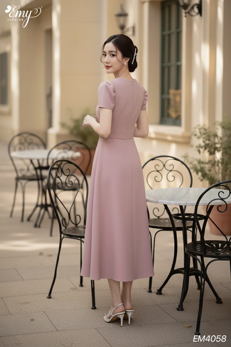 EM4058 Đầm Xoè Hồng Tay Phối EM4058 Đầm Xoè Hồng Tay Phối