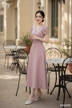 EM4058 Đầm Xoè Hồng Tay Phối