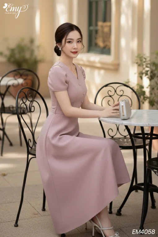 EM4058 Đầm Xoè Hồng Tay Phối