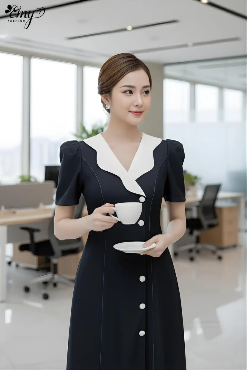 EM2213 Đầm Xoè Xanh Cổ Đắp Phối Nút EM2213 Đầm Xoè Xanh Cổ Đắp Phối Nút