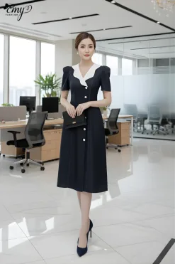 EM2213 Đầm Xoè Xanh Cổ Đắp Phối Nút