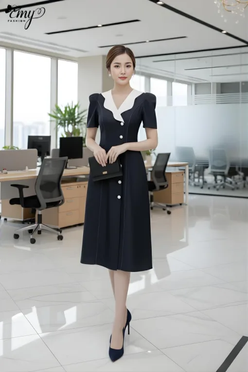 EM2213 Đầm Xoè Xanh Cổ Đắp Phối Nút