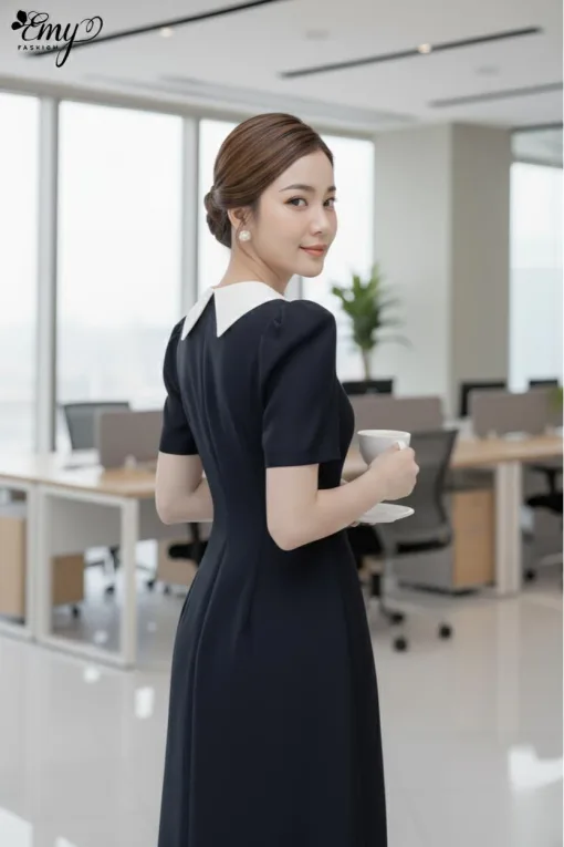 EM2213 Đầm Xoè Xanh Cổ Đắp Phối Nút