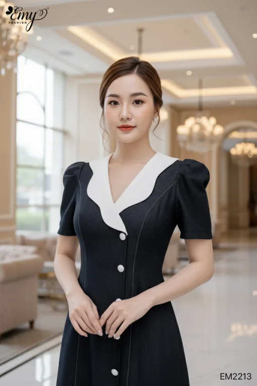 EM2213 Đầm Xoè Xanh Cổ Đắp Phối Nút