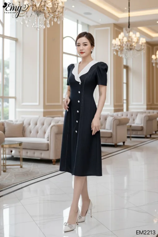 EM2213 Đầm Xoè Xanh Cổ Đắp Phối Nút