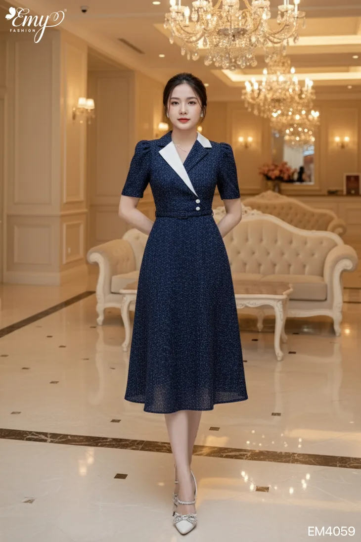 EM4059 Đầm Xoè Xanh Đen Cổ Phối Cài Khoen EM4059 Đầm Xoè Xanh Đen Cổ Phối Cài Khoen