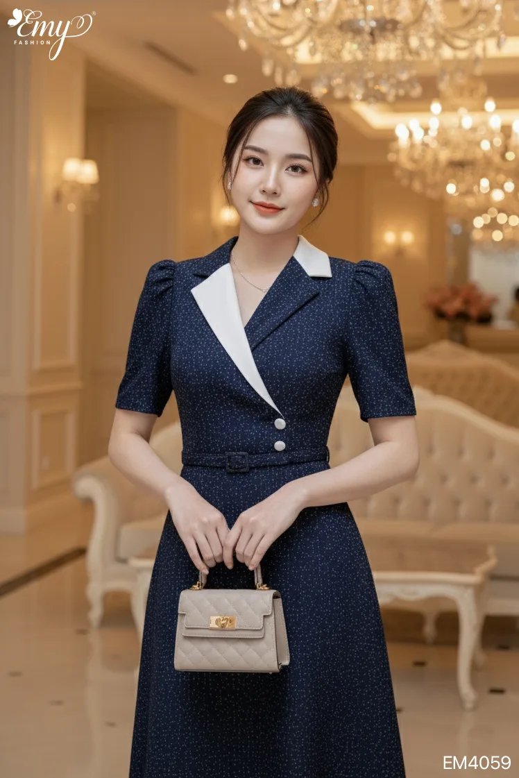 EM4059 Đầm Xoè Xanh Đen Cổ Phối Cài Khoen EM4059 Đầm Xoè Xanh Đen Cổ Phối Cài Khoen