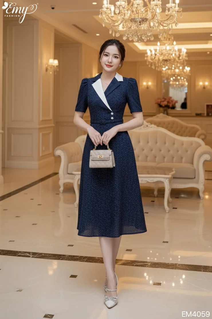 z7169615868328_9384e337d8026c5f75c29202883bd8e9 EM4059 Đầm Xoè Xanh Đen Cổ Phối Cài Khoen