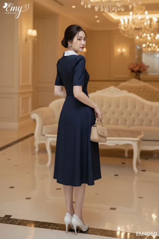 EM4059 Đầm Xoè Xanh Đen Cổ Phối Cài Khoen