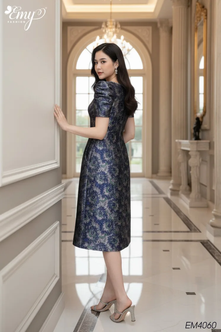 EM4060 Đầm Suông A Gấm Xanh Đen EM4060 Đầm Suông A Gấm Xanh Đen