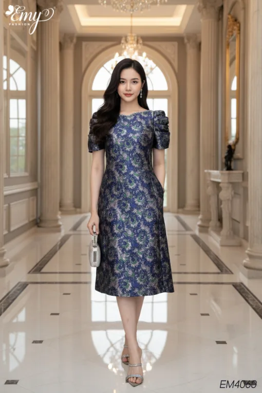 EM4060 Đầm Suông A Gấm Xanh Đen