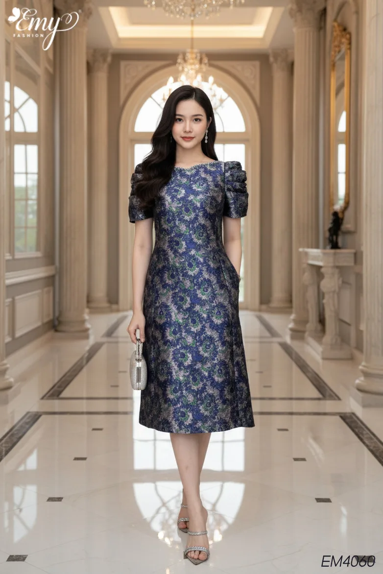 EM4060 Đầm Suông A Gấm Xanh Đen EM4060 Đầm Suông A Gấm Xanh Đen