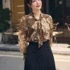 A9704 Áo Voan Chiffon Nâu Thắt Nơ Cổ