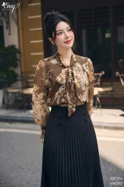 A9704 Áo Voan Chiffon Nâu Thắt Nơ Cổ