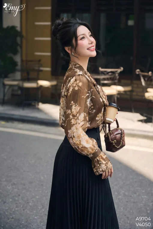 A9704 Áo Voan Chiffon Nâu Thắt Nơ Cổ
