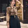 A9704 Áo Voan Chiffon Nâu Thắt Nơ Cổ