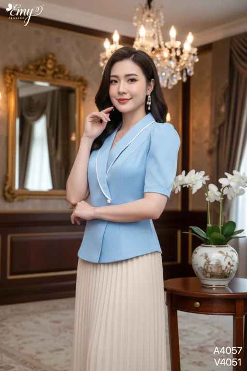 A4057 Áo Cổ Đắp Viền Le Xanh Biển