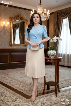 A4057 Áo Cổ Đắp Viền Le Xanh Biển