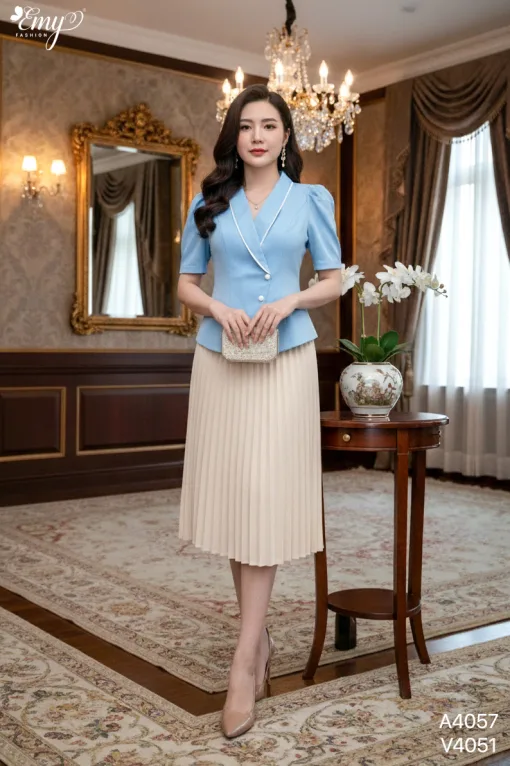 A4057 Áo Cổ Đắp Viền Le Xanh Biển