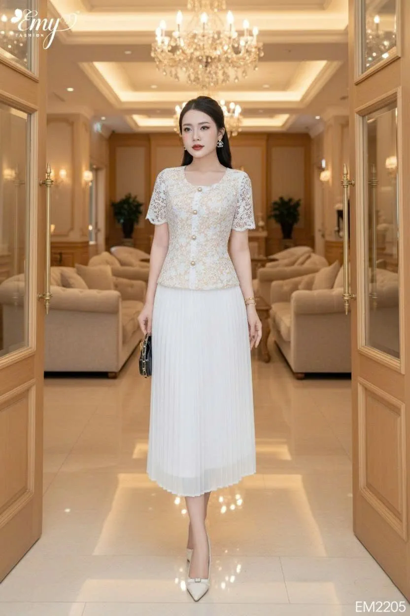 Set váy công sở voan tơ ánh trắng kem 