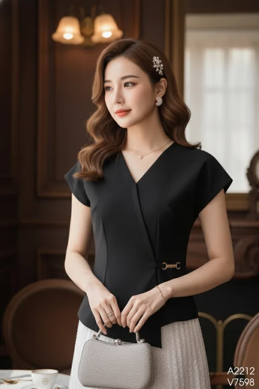 A2212 Áo Đen Cổ V Lệch Tà