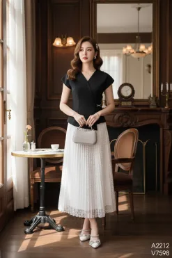 A2212 Áo Đen Cổ V Lệch Tà