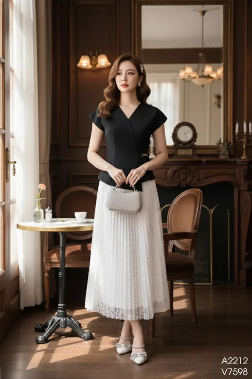 A2212 Áo Đen Cổ V Lệch Tà