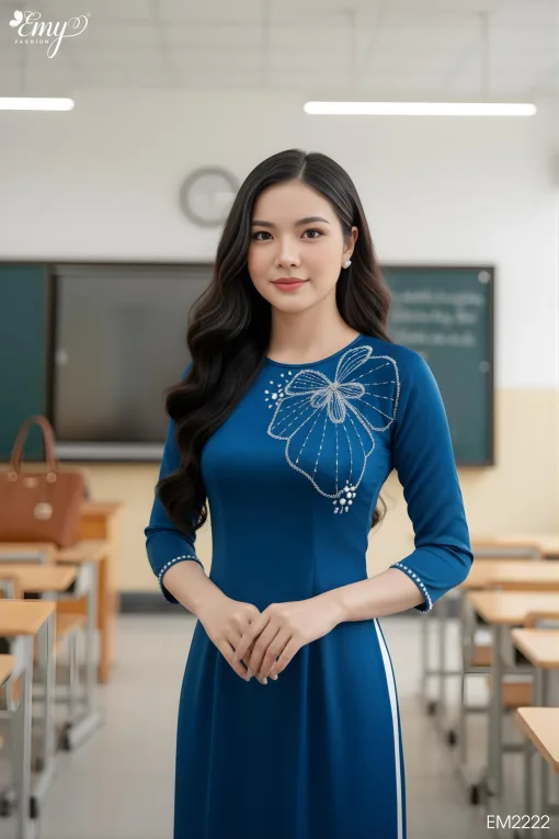 EM2222 Áo Dài Xanh Cổ Vịt Kết Hạt+ Quần Kem