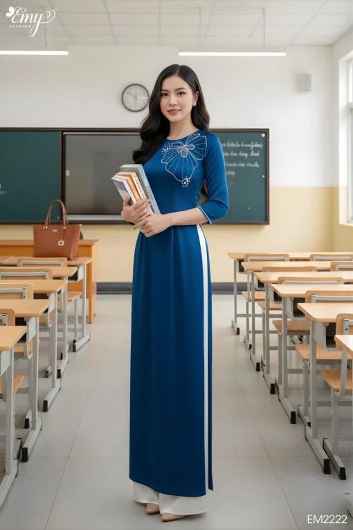 EM2222 Áo Dài Xanh Cổ Vịt Kết Hạt+ Quần Kem
