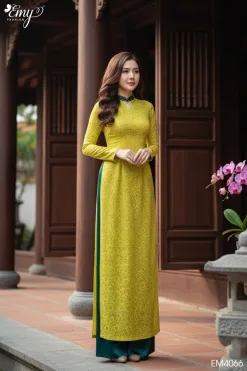 EM4066 – Áo Dài Lụa Gấm Hai Da Màu Vàng Bơ