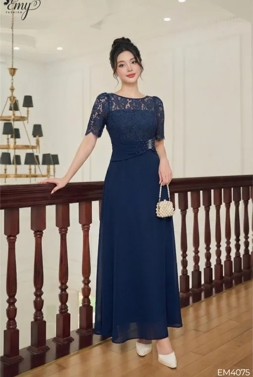 EM4075 Đầm Dạ Hội Xanh Đen Kết Hạt