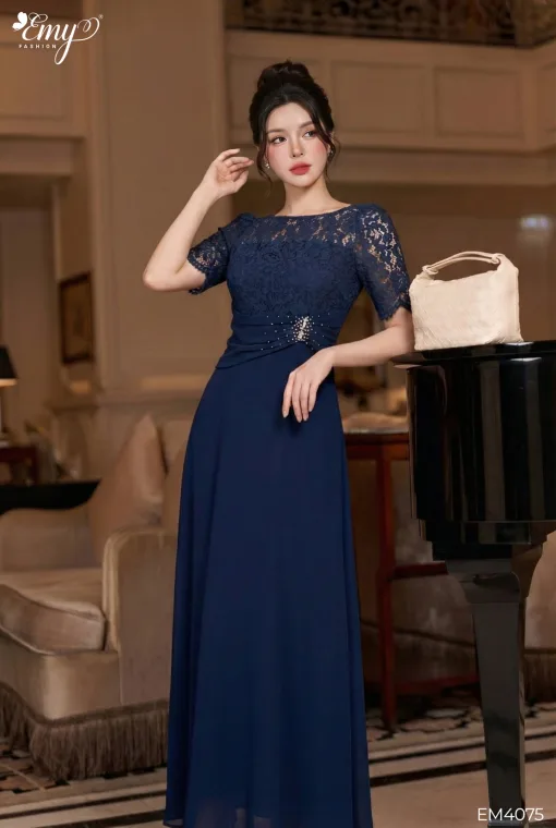 EM4075 Đầm Dạ Hội Xanh Đen Kết Hạt