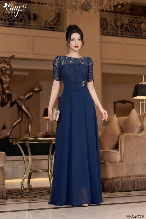 EM4075 Đầm Dạ Hội Xanh Đen Kết Hạt