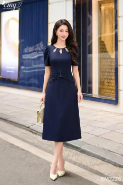 EM2226 Đầm Xanh Đen Cổ Kết Hạt