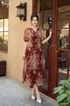 EM9715 - Đầm Xoè Voan Hoa Đỏ