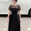 EM2238 Đầm Xòe Đen Phối Lưới Chấm Bi