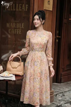 EM9731 - Đầm Xoè Tay Dài Smocking