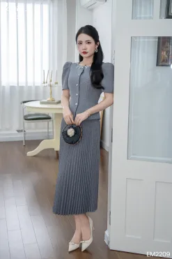 EM2209 - Set Áo & Chân Váy Bố Chéo Xám Tiêu
