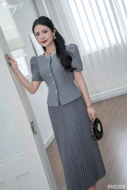 EM2209 - Set Áo & Chân Váy Bố Chéo Xám Tiêu