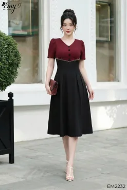 Đầm xòe dự tiệc ruby đỏ dô phối-EM2232