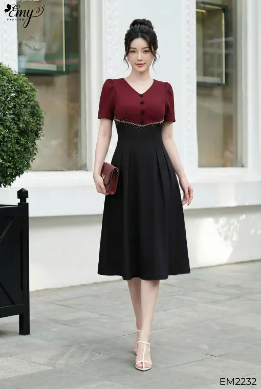 Đầm xòe dự tiệc ruby đỏ dô phối-EM2232