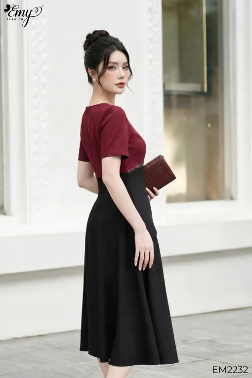 Đầm xòe dự tiệc ruby đỏ dô phối-EM2232