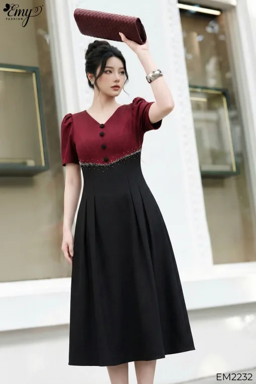 Đầm xòe dự tiệc ruby đỏ dô phối-EM2232