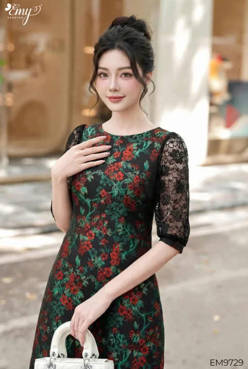 Đầm suông dự tiệc tafta gấm hoa đỏ-EM9729