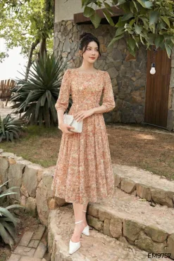 EM9757 - Đầm Xoè Hoa Nhí Cam Tay Lỡ
