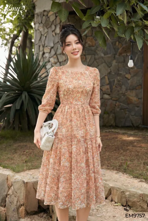EM9757 - Đầm Xoè Hoa Nhí Cam Tay Lỡ