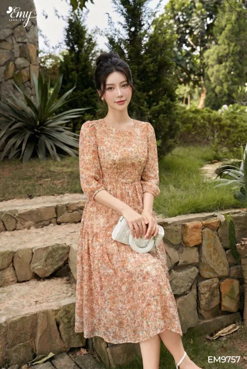 EM9757 - Đầm Xoè Hoa Nhí Cam Tay Lỡ