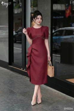 EM2254 - Đầm Body Tuypsi Đỏ Bèo Eo